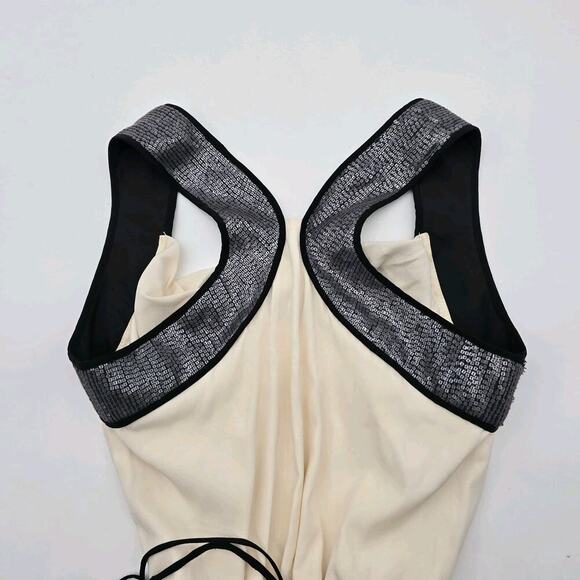 Lia Keys Top Womens Medium Black Cream Tank Silk Sequin New York Cowl Blouse - Picture 6 of 11